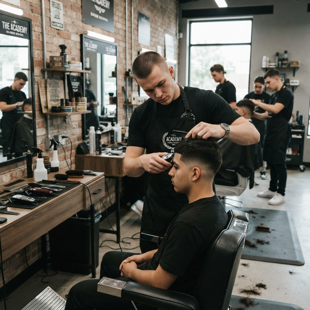 Barbering student practicing clipper work at Cosmo Beauty Academy in Saddle Brook, New Jersey. [PLACEHOLDER — CLIENT PHOTO PENDING]