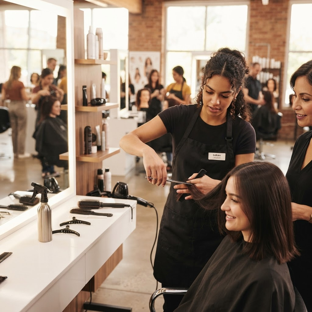 Cosmetology student practicing hair styling at Cosmo Beauty Academy in Saddle Brook, New Jersey. [PLACEHOLDER — CLIENT PHOTO PENDING]