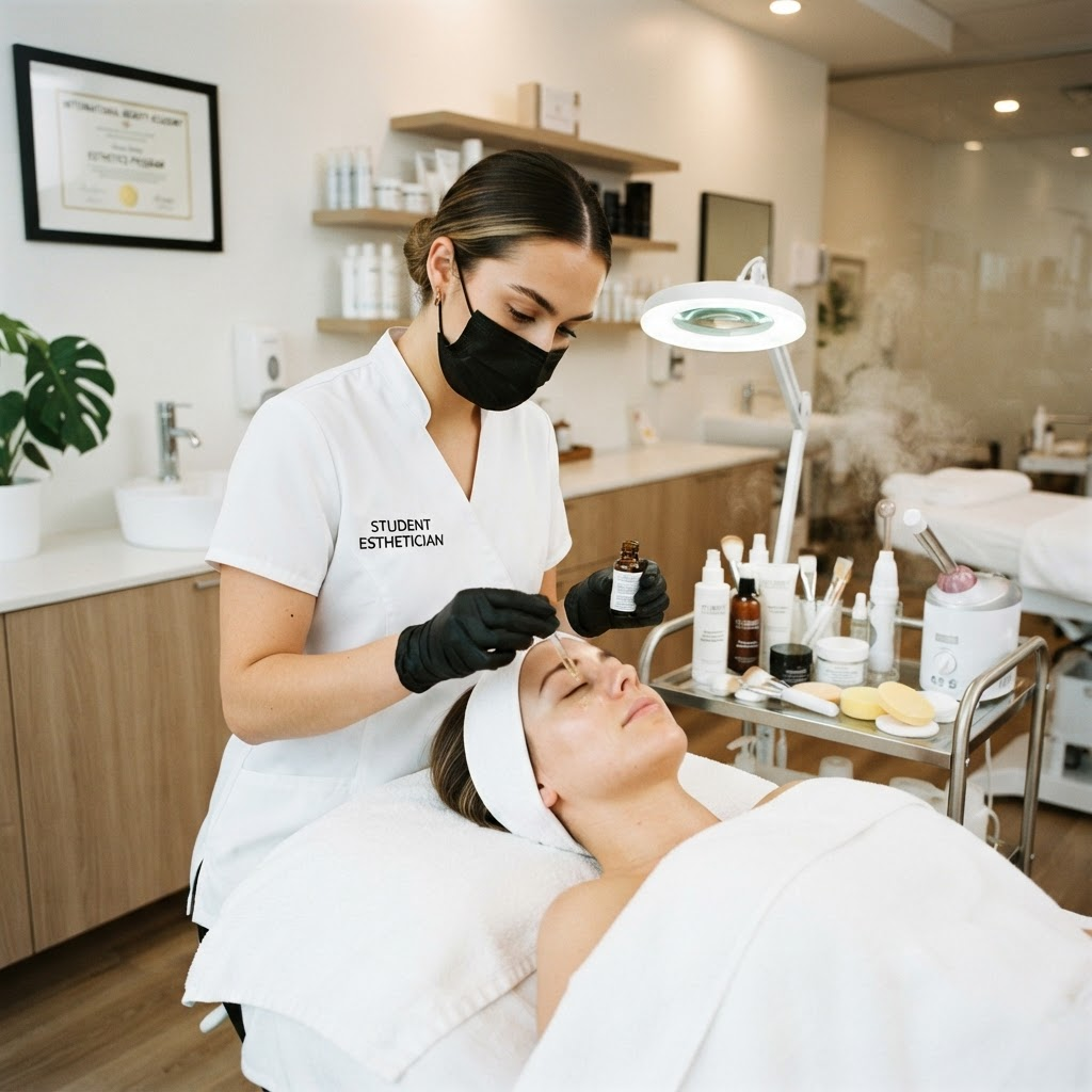 Esthetics student learning skin care techniques at Cosmo Beauty Academy in Saddle Brook, New Jersey. [PLACEHOLDER — CLIENT PHOTO PENDING]
