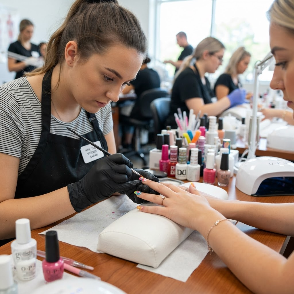 Nail technology student practicing nail art at Cosmo Beauty Academy in Saddle Brook, New Jersey. [PLACEHOLDER — CLIENT PHOTO PENDING]